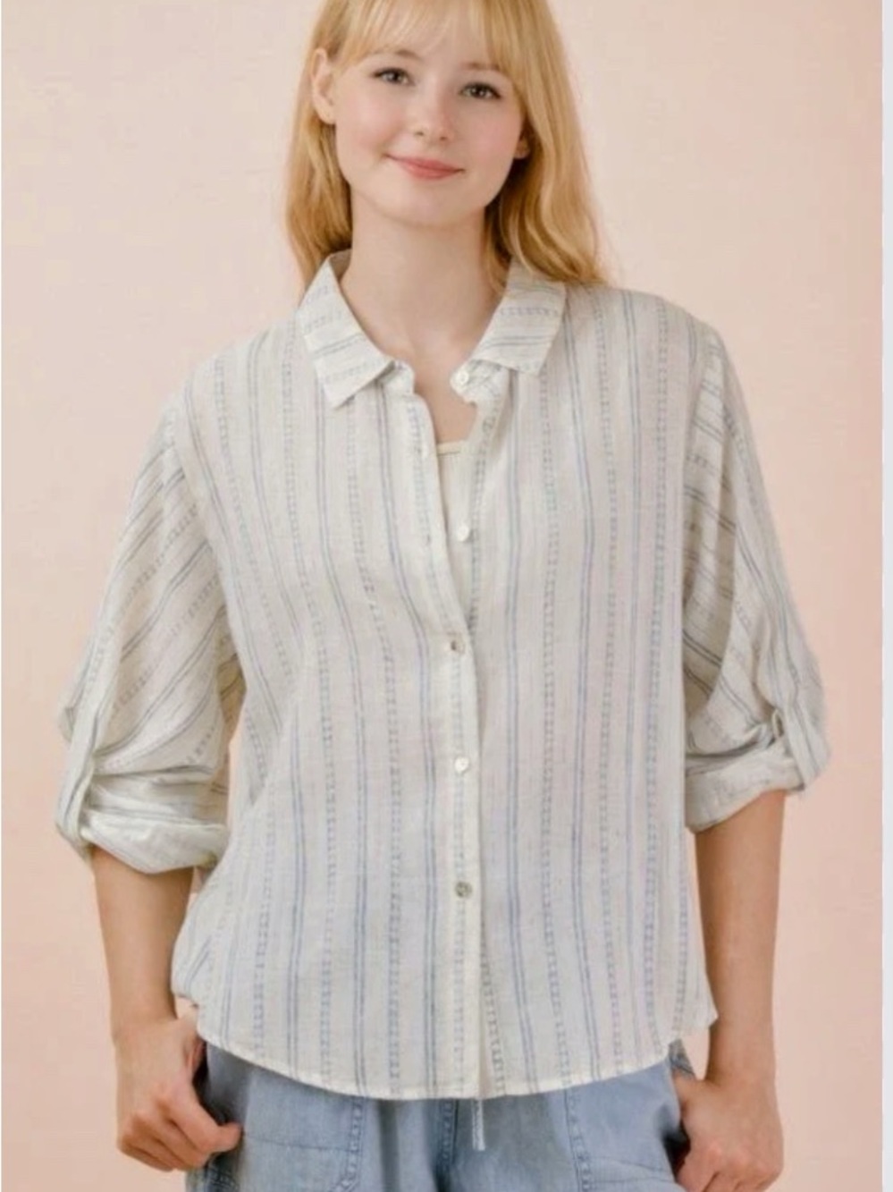 Light White Grey Stripe Button-Front Women's Shirt